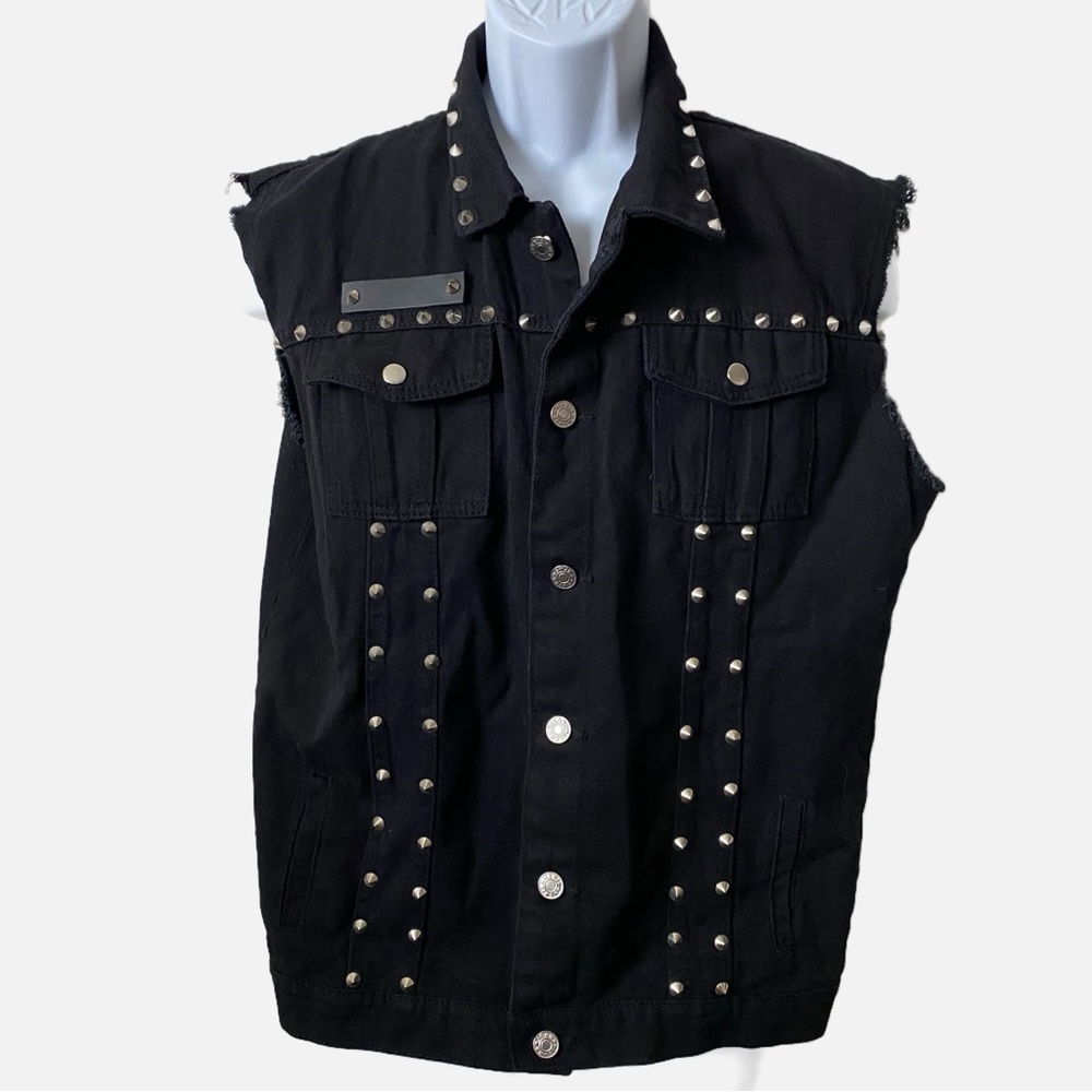 Punk Style Studded Rivets Sleeveless Black Denim Motorcycle Vest